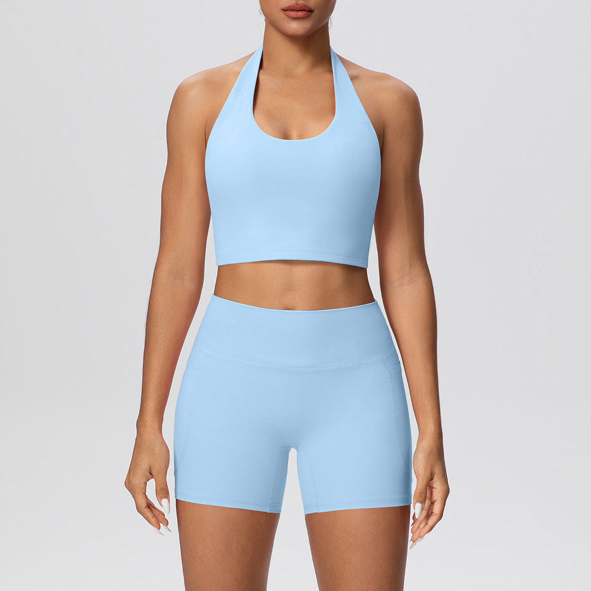 Solid Color Halter Beauty Back Exercise Bra Gathering Vest Pocket Sports Shorts Fitness Pants Yoga Set