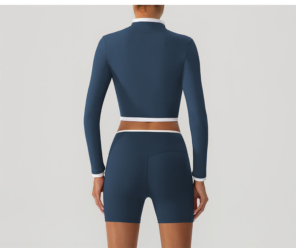 Autumn Winter Yoga Wear Coat Contrast Color Body Shaping Stand Collar Zipper Running Long Sleeve Top Women