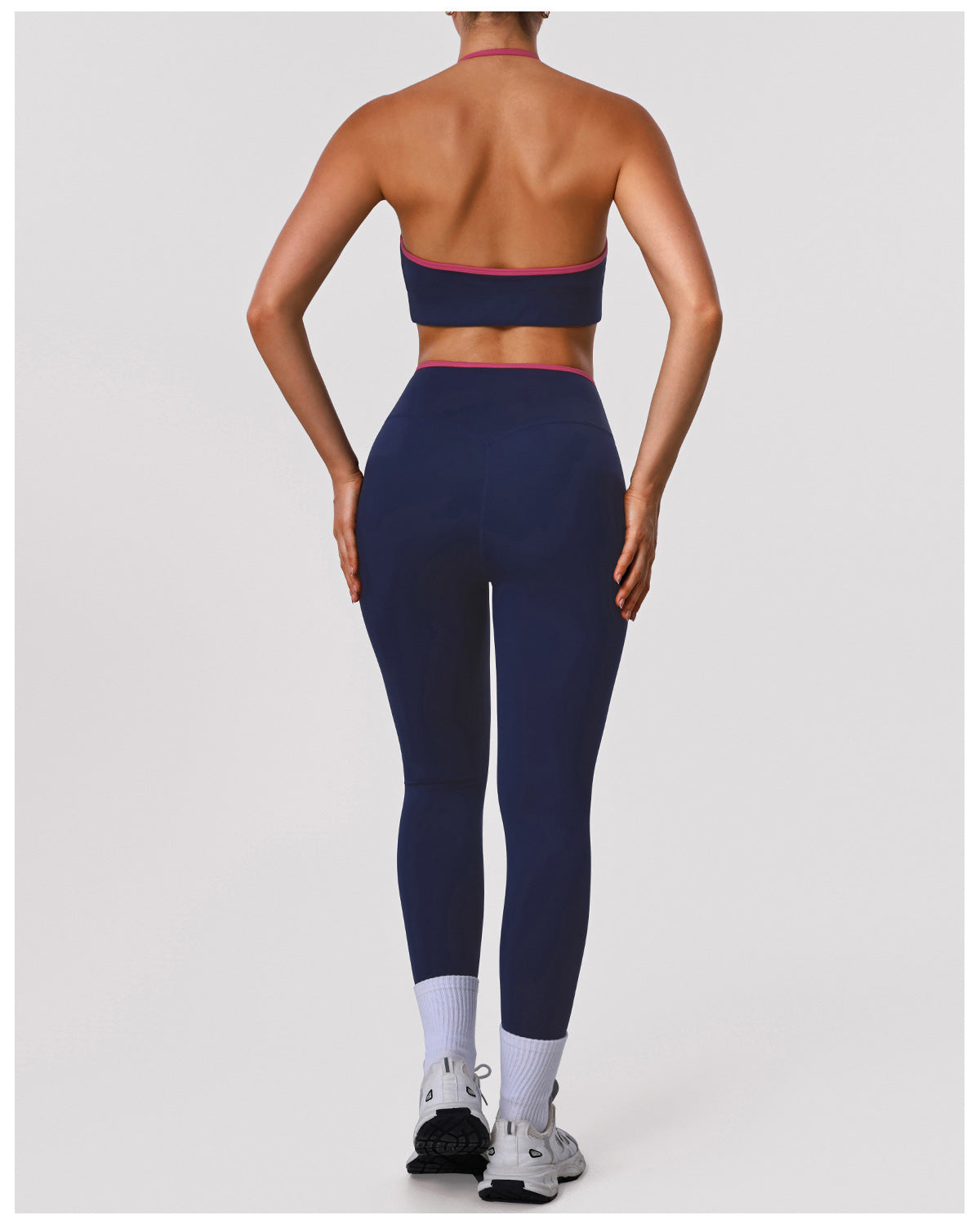 High Elastic Hip Lifting Tights Yoga Contrast Color Thin Band Halter Bra Training Sports Two Piece Sets Women