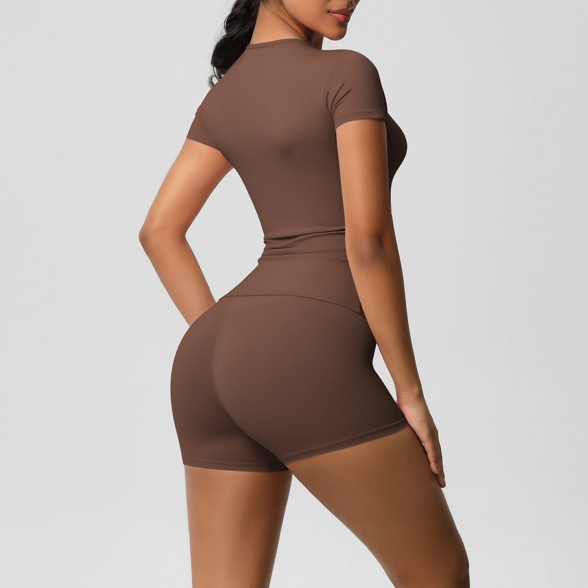 Solid Color Nude Feel Skin Friendly Exercise Yoga Clothes Slim Fit Slimming Stretch T shirt Fitness Shorts Set Women