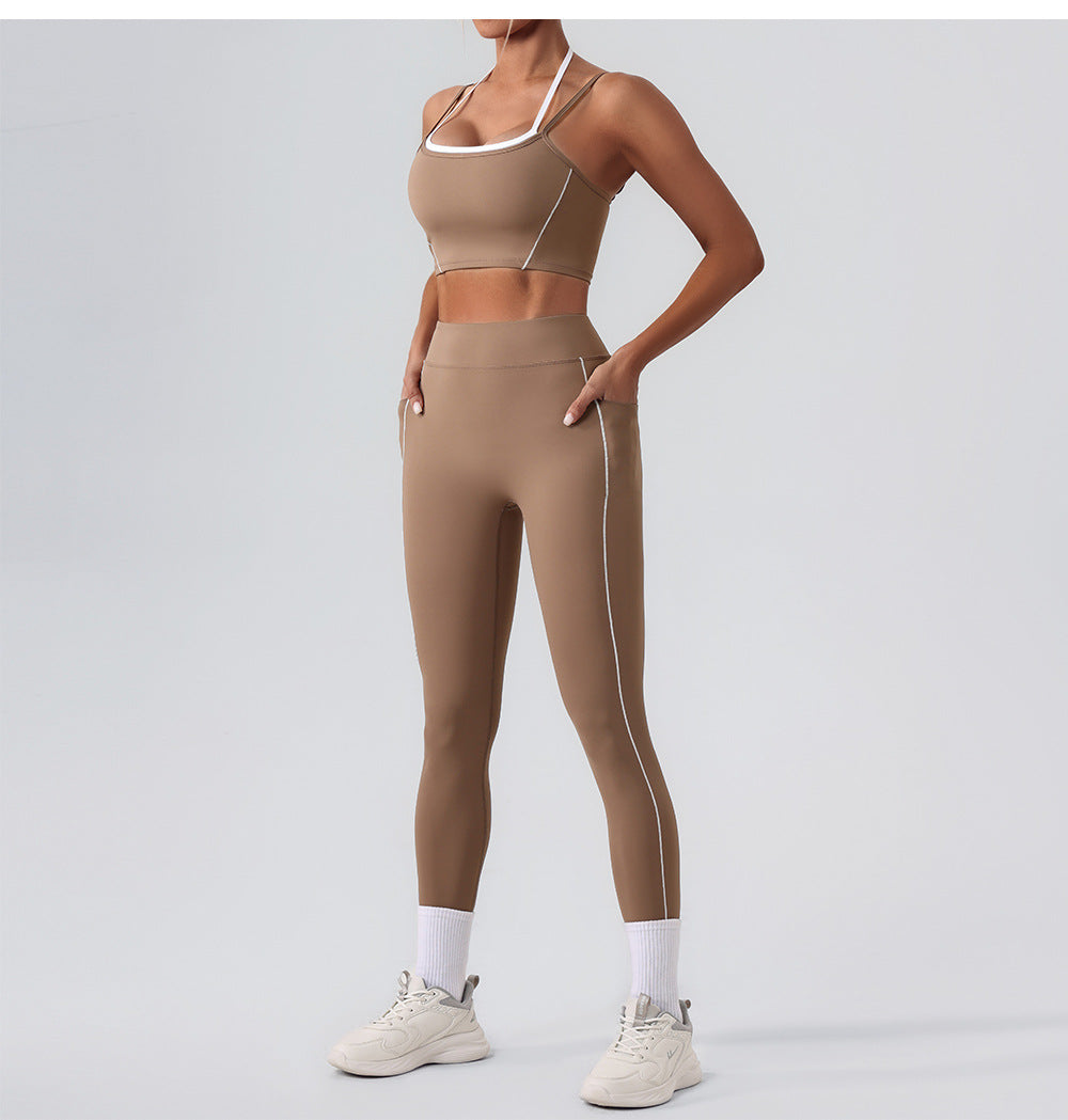 Arrival Contrast Color High Waist Nude Feel Pocket Yoga Pants Women Running Fitness Pants Outer Wear Tight Sports Pants