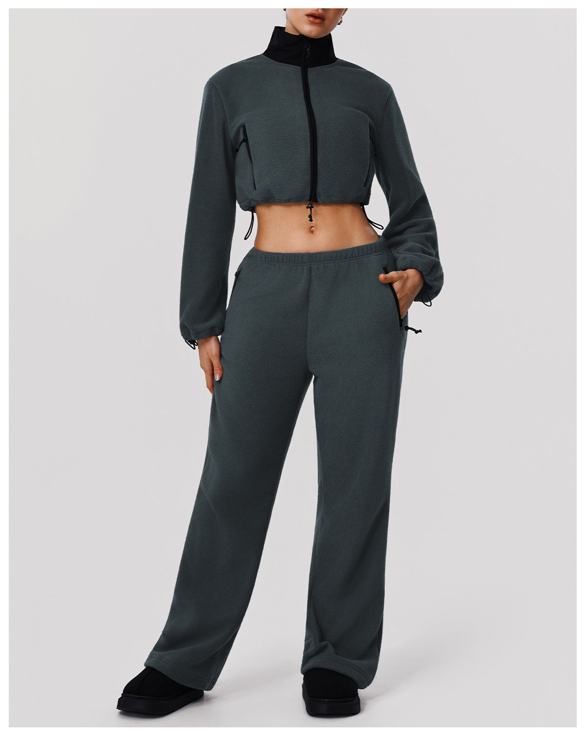 Thickened Double Sided Polar Fleece Casual Autumn Winter Warm Stand Collar Jacket Wide Leg Trousers Sports Two Piece Sets