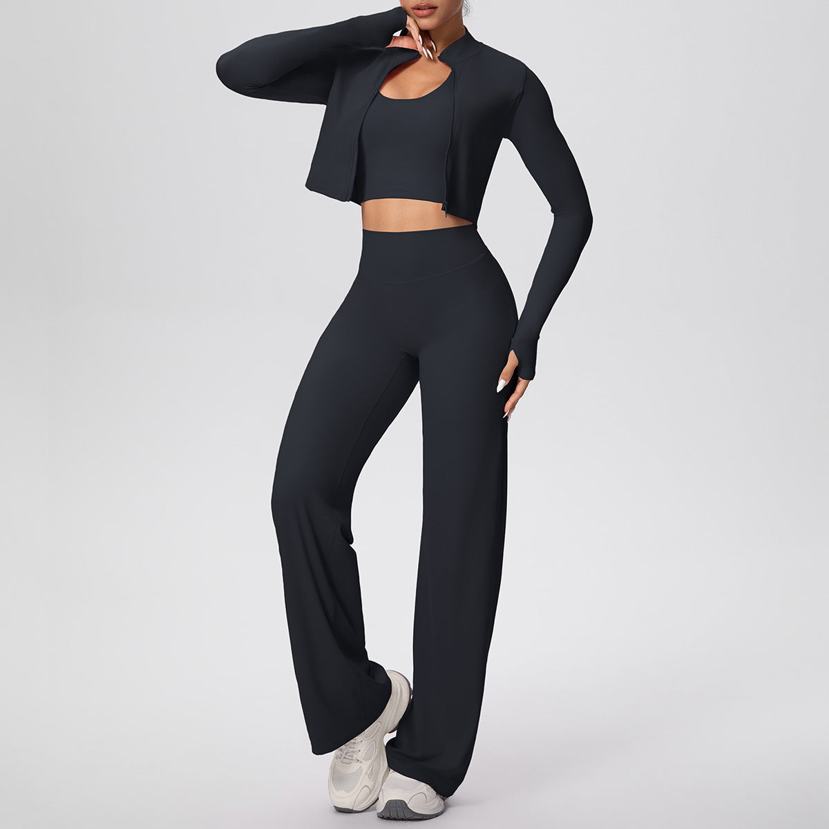 Solid Color Sports Zip Long Sleeve Coat Halterneck Vest Baggy Straight Trousers Workout Clothes Yoga Three Piece Suit
