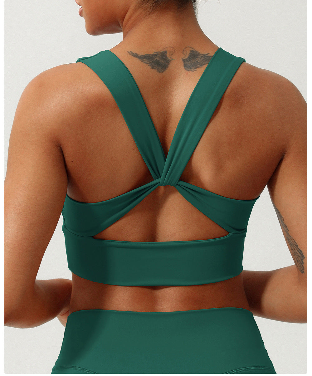 Nude Feel Gathered V neck Yoga Bra Cross Beauty Back Exercise Underwear Shockproof Workout Clothes Underwear Padded
