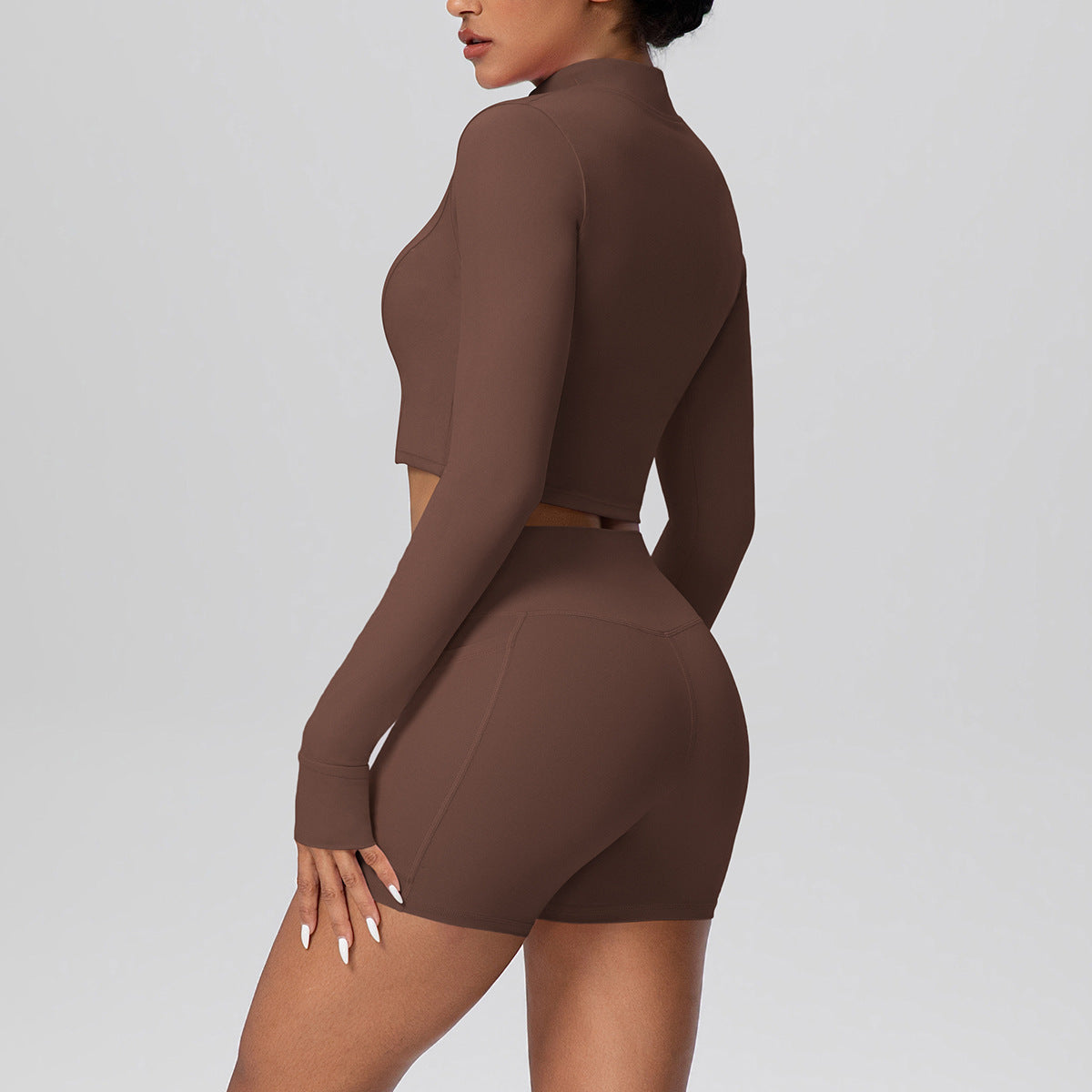 High Waist Nude Feel Thumb Hole Zip Long Sleeve Coat Pocket Shorts Yoga Clothes Fitness Hip Lifting Yoga Set