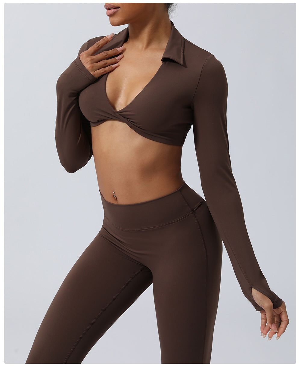 Wrinkle Hip Lifting Yoga Clothes Trousers Nude Feel Quick Drying Fitness Suit Running Sport Long Sleeve T Shirt With Chest Pad