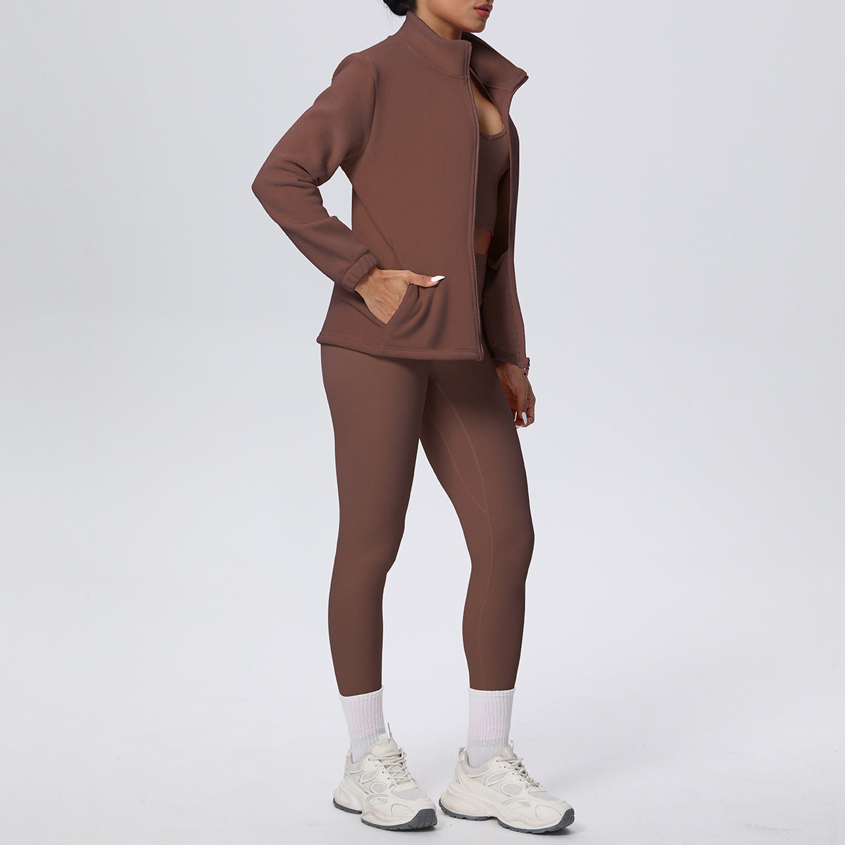 Skinny Yoga Pants High Waist Hip Lift Nude Feel Sports Long Sleeve Zipper Fleece Padded Coat Workout Clothes Yoga Suit
