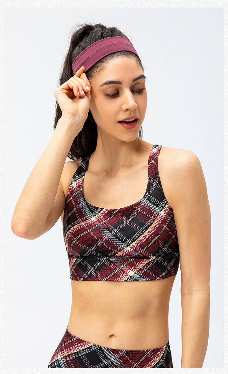 Nude Feel Yoga Sports Bra Houndstooth Shockproof Running Vest with Chest Pad Fitness Bra Plaid Element