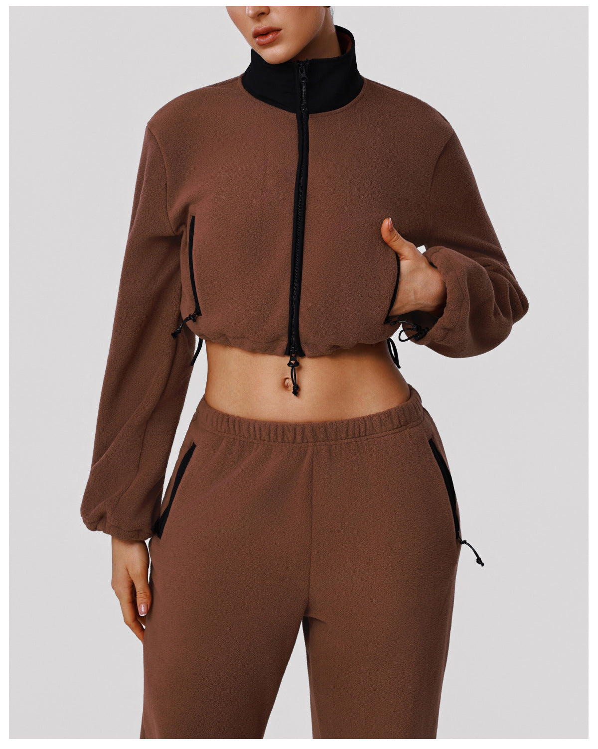 Thickened Double Sided Polar Fleece Casual Autumn Winter Warm Stand Collar Jacket Wide Leg Trousers Sports Two Piece Sets