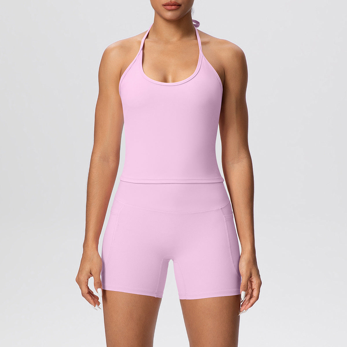 Women Cloud Sense Solid Color Lace Strap Beauty Back Yoga Vest Pocket Shorts Sports Slim Fitting Yoga Set