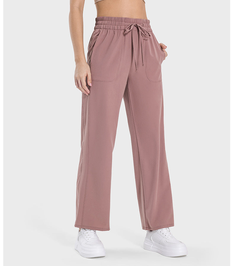Pocket Slim Fit Slimming High Waist Hip Lift Casual Sports Pants Women Elastic Drawstring Waist Straight Leg Pants