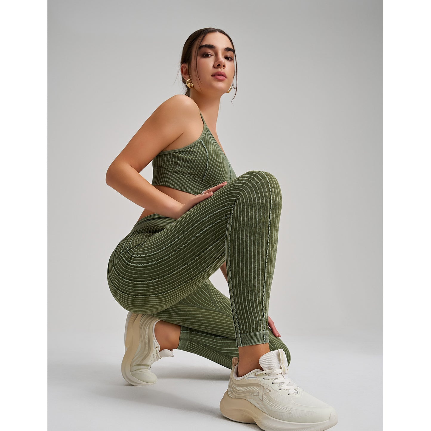 Stone Washed Peach Hip Seamless Yoga Pants Set Sports Fitness Running Shockproof Vest Two Piece Set