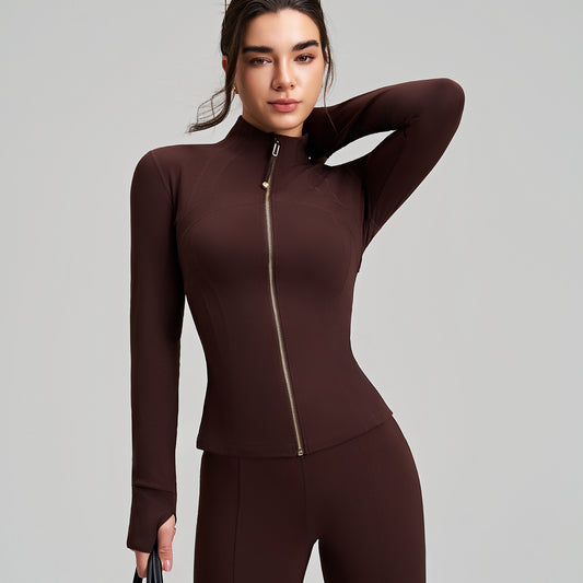 Sports Jacket Women Slim Fit Slimming Yoga Jacket Long Sleeve with Finger Stall Stand Collar High Grade Yoga Clothes