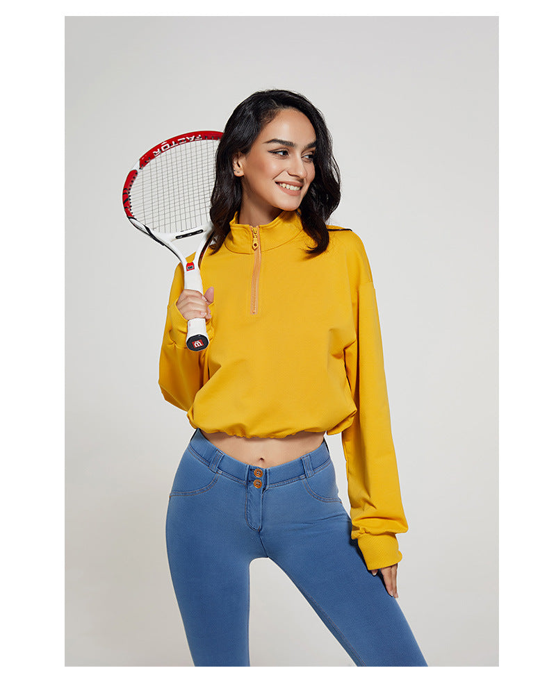 Autumn Long Collar Fitness Sports Sweater Women Loose Zip Drawstring Long Sleeve Yoga Wear Top T shirt
