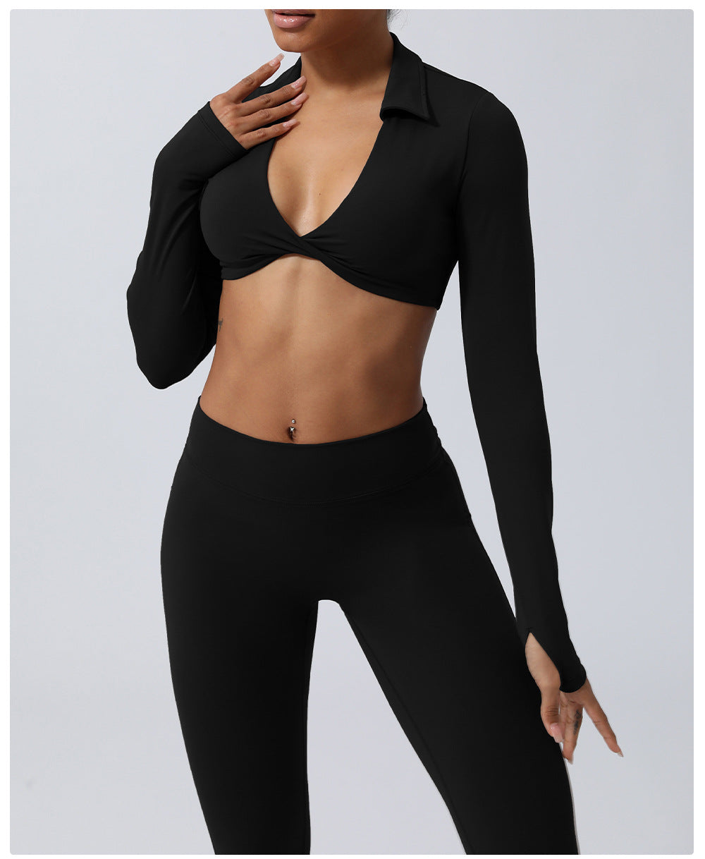 Wrinkle Hip Lifting Yoga Clothes Trousers Nude Feel Quick Drying Fitness Suit Running Sport Long Sleeve T Shirt With Chest Pad