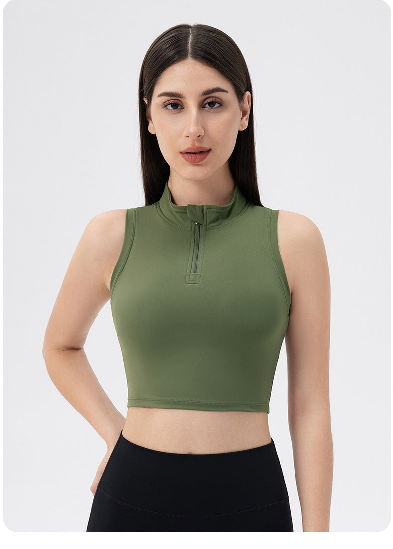 Sleeveless Stand Collar Slimming Yoga Clothes Vest Front Zipper Skinny Exercise Top with Chest Pad Running Workout Vest Women