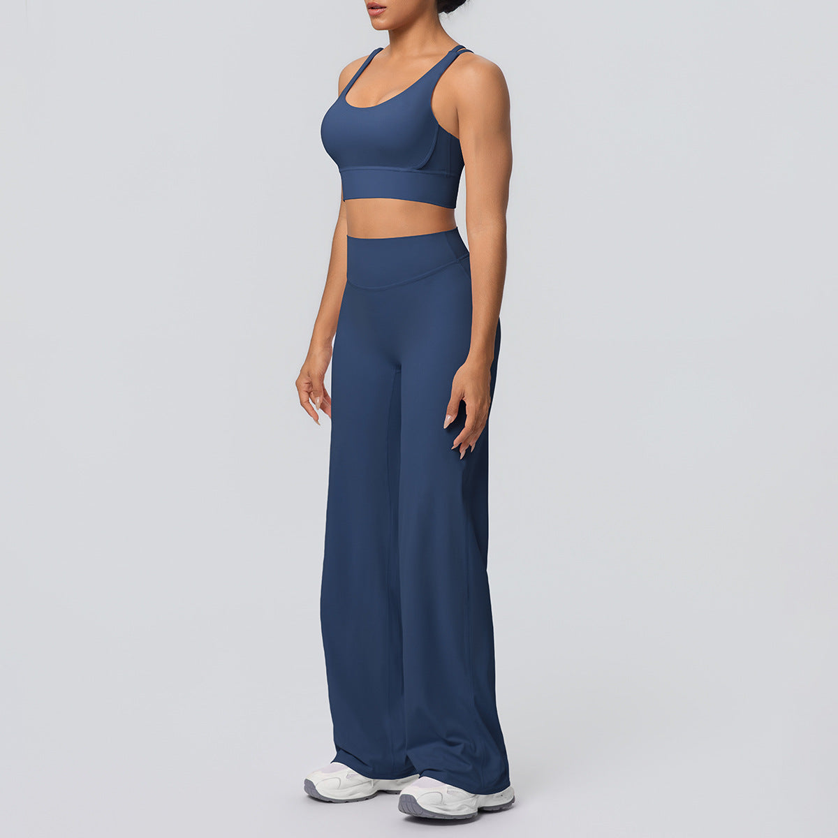 Sexy Cross Shoulder Strap Backless Bra Solid Color Baggy Straight Trousers Fitness Pants Yoga Set for Women