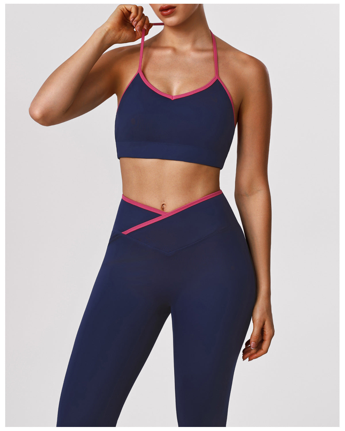 High Elastic Hip Lifting Tights Yoga Contrast Color Thin Band Halter Bra Training Sports Two Piece Sets Women