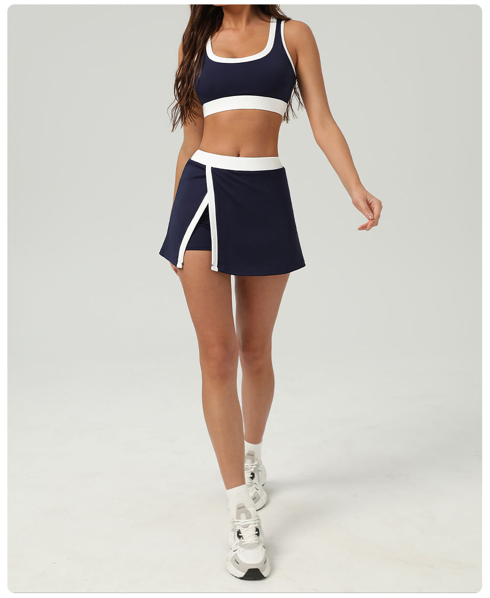 Contrast Color Sports Bra Tennis Skirt Set Women Quick Drying Anti Emptied Pantskirt Sports Set
