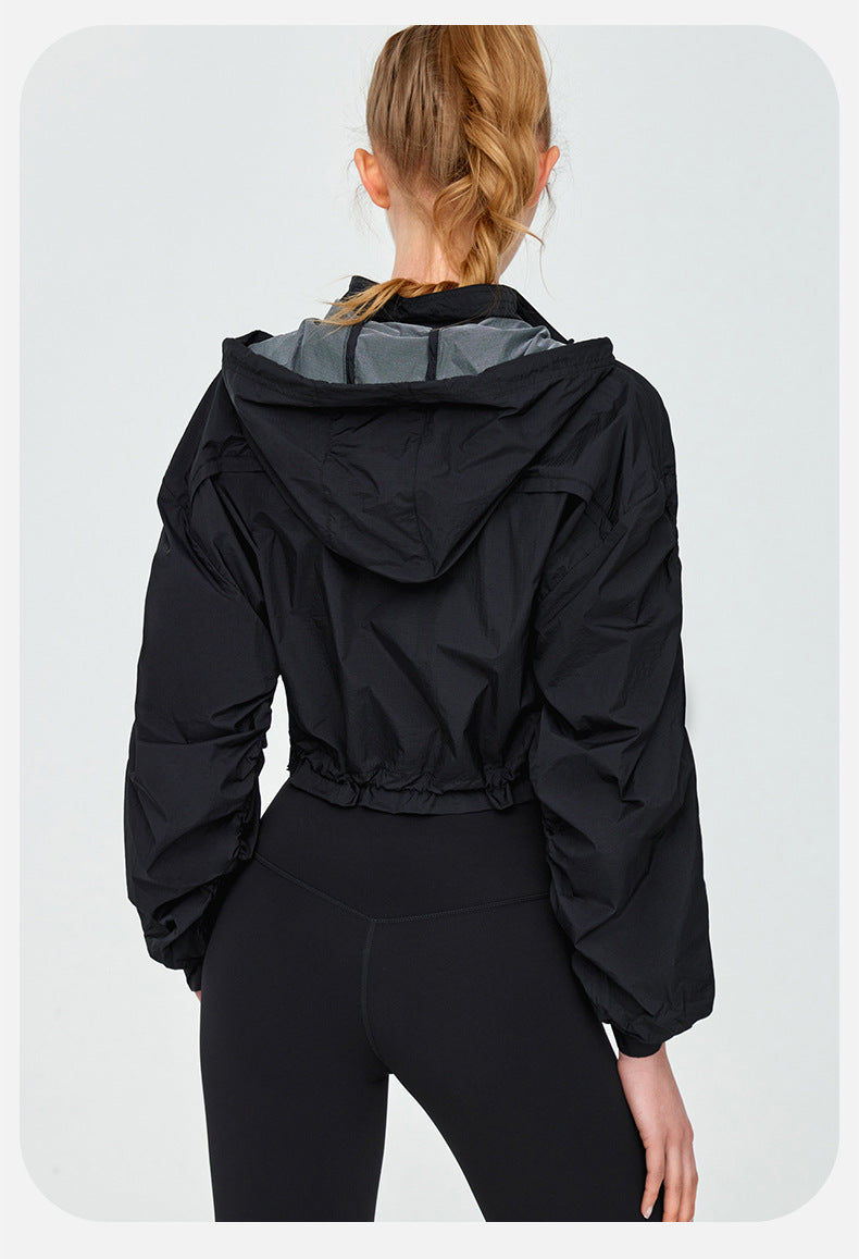 High Grade Sun Protective Clothing Women Outdoor Loose Short Breathable Sun Protection Long Sleeve Hooded Ruched Sun Protection Jacket