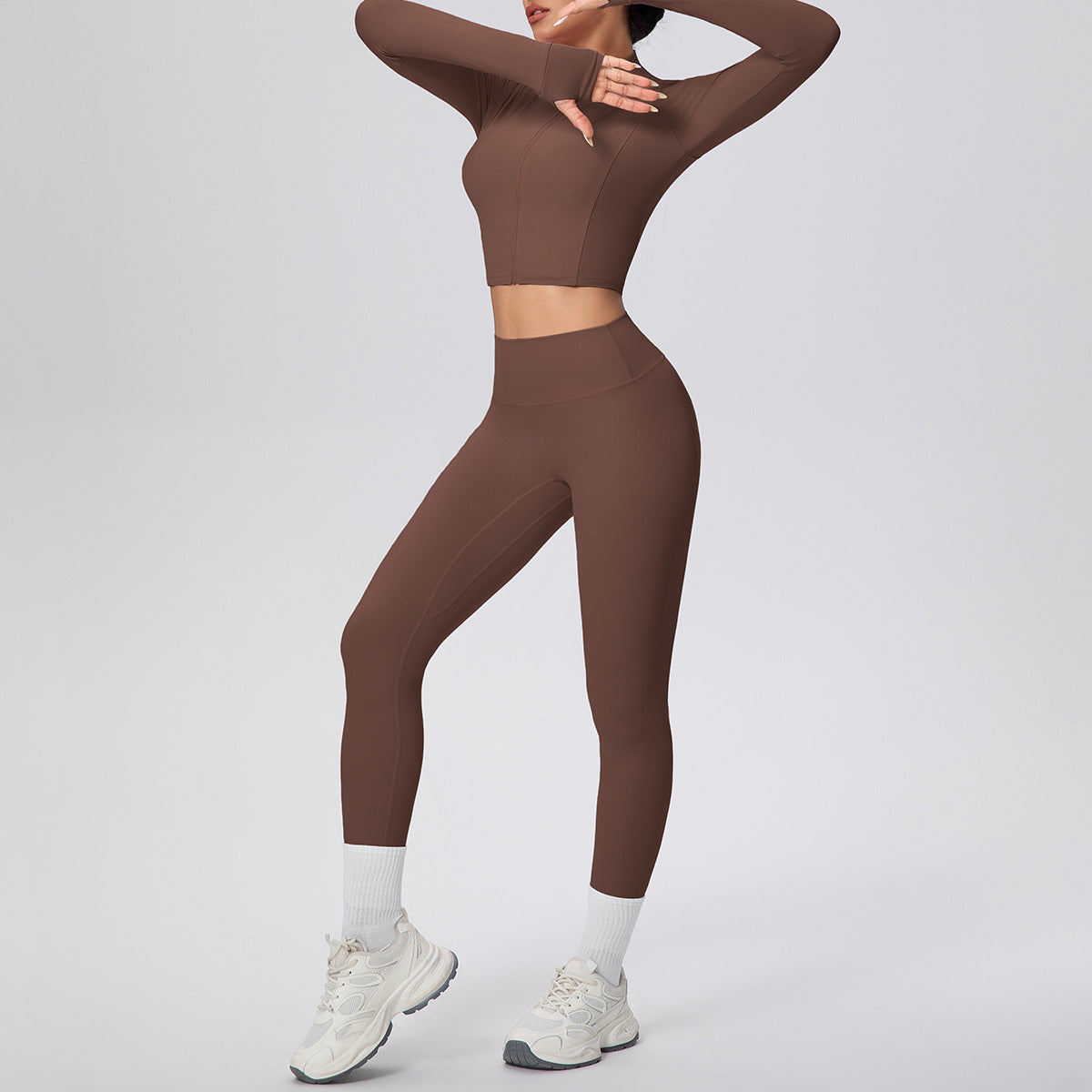 Tight High Waist Nude Feel Sports Thumb Hole Zip Long Sleeve Coat Yoga Clothes Fitness Hip Lifting Yoga Set