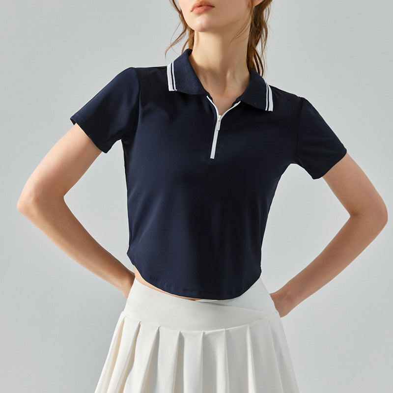 Half Zipper Collared Sports Short Sleeve Women Circular Lower Hem Loose Fitness Top Nude Feel Slim Fit Breathable Yoga Clothes Summer