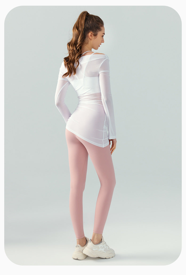 Long Sleeve Mesh Yoga Blouse High-Grade Sexy off-the-Shoulder Slant Shoulder Lightweight Sports Blouse