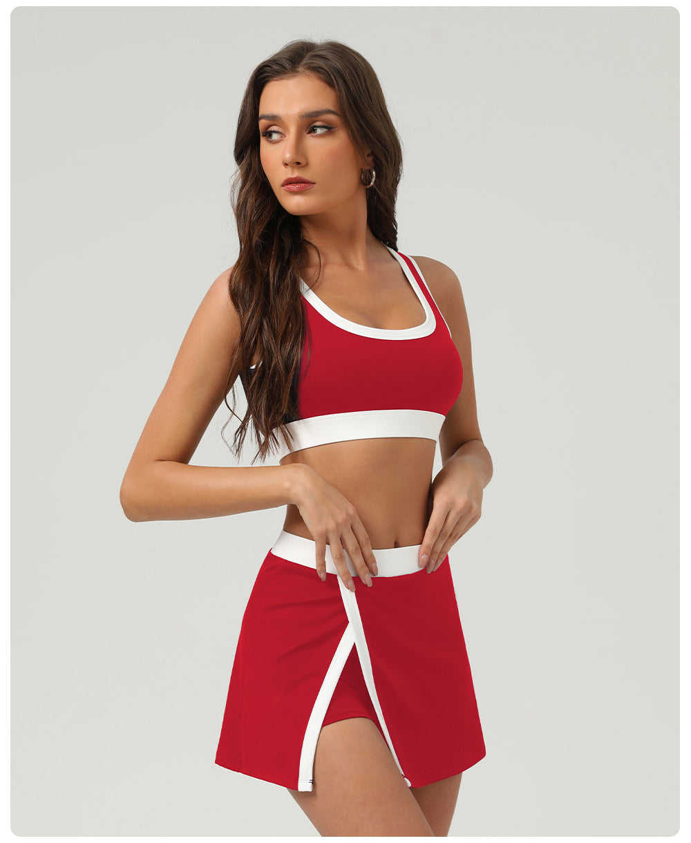Contrast Color Sports Bra Tennis Skirt Set Women Quick Drying Anti Emptied Pantskirt Sports Set