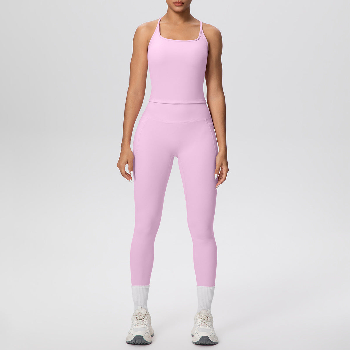 Solid Color Skin Friendly H Shaped Beauty Back Sports Vest Pocket Yoga Pants Leggings Fitness Yoga Wear Set for Women