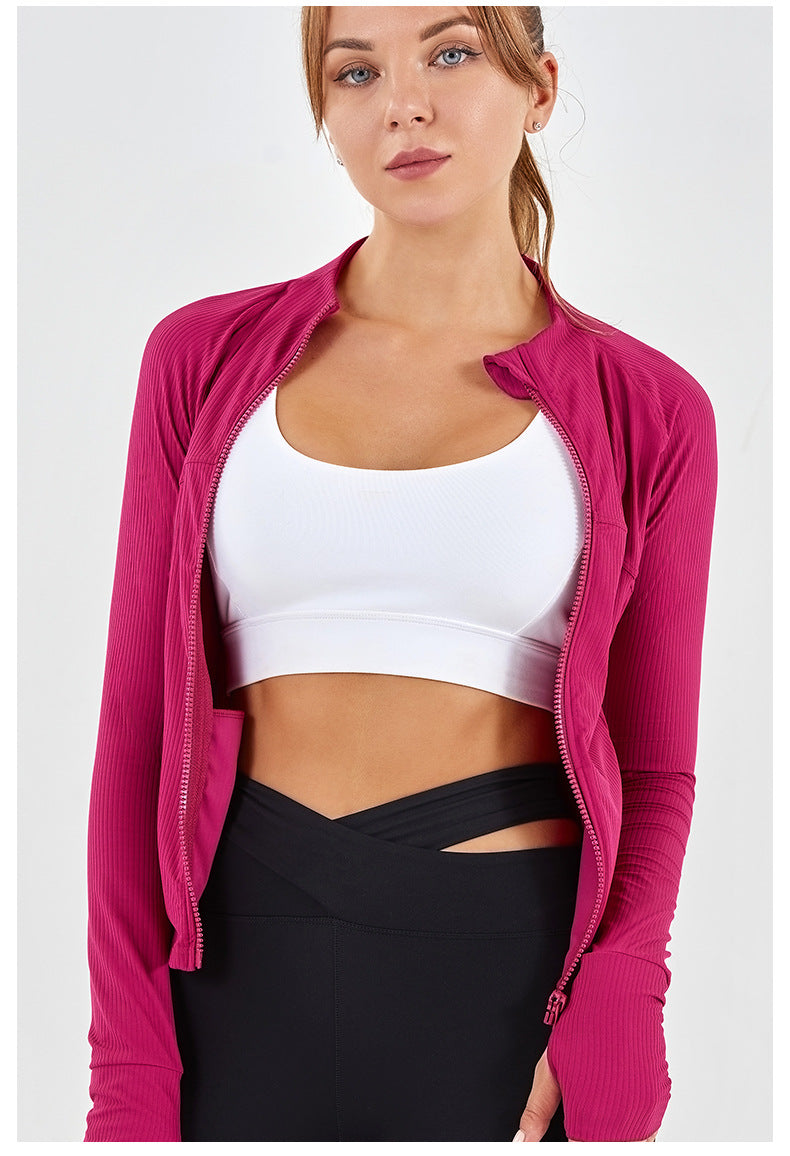 Stand Up Collar Slim Fit Yoga Clothes Women High Elastic Soft Thread Zipper Pocket Workout Clothes