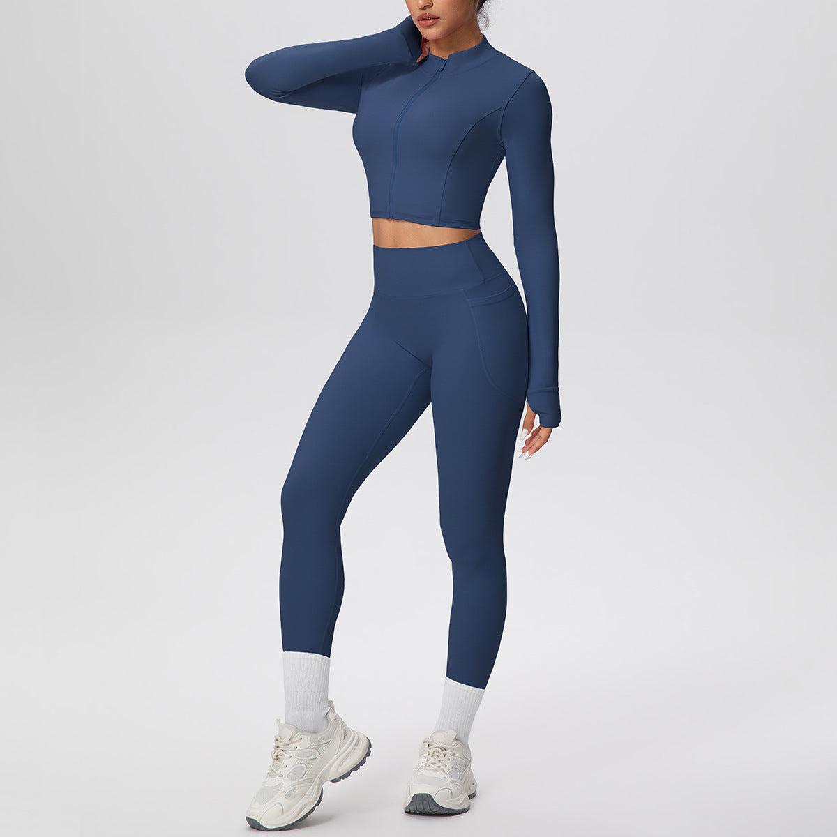 Tight High Waist Nude Feel Thumb Hole Zip Long Sleeve Coat Pocket Yoga Clothes Fitness Hip Lifting Yoga Set