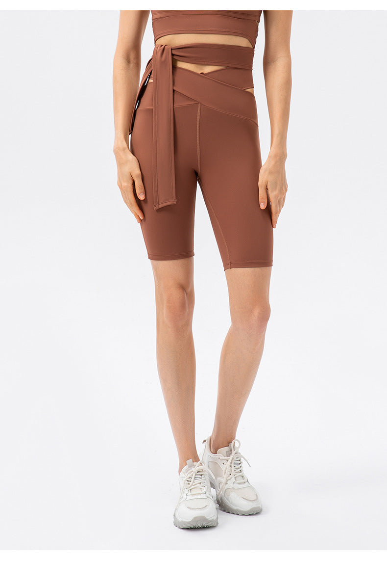 Naked Women Sense Cross High Waist Yoga Shorts No Embarrassment Line Skinny Hip Raise Belly Contracting Sports Shorts Crisscross