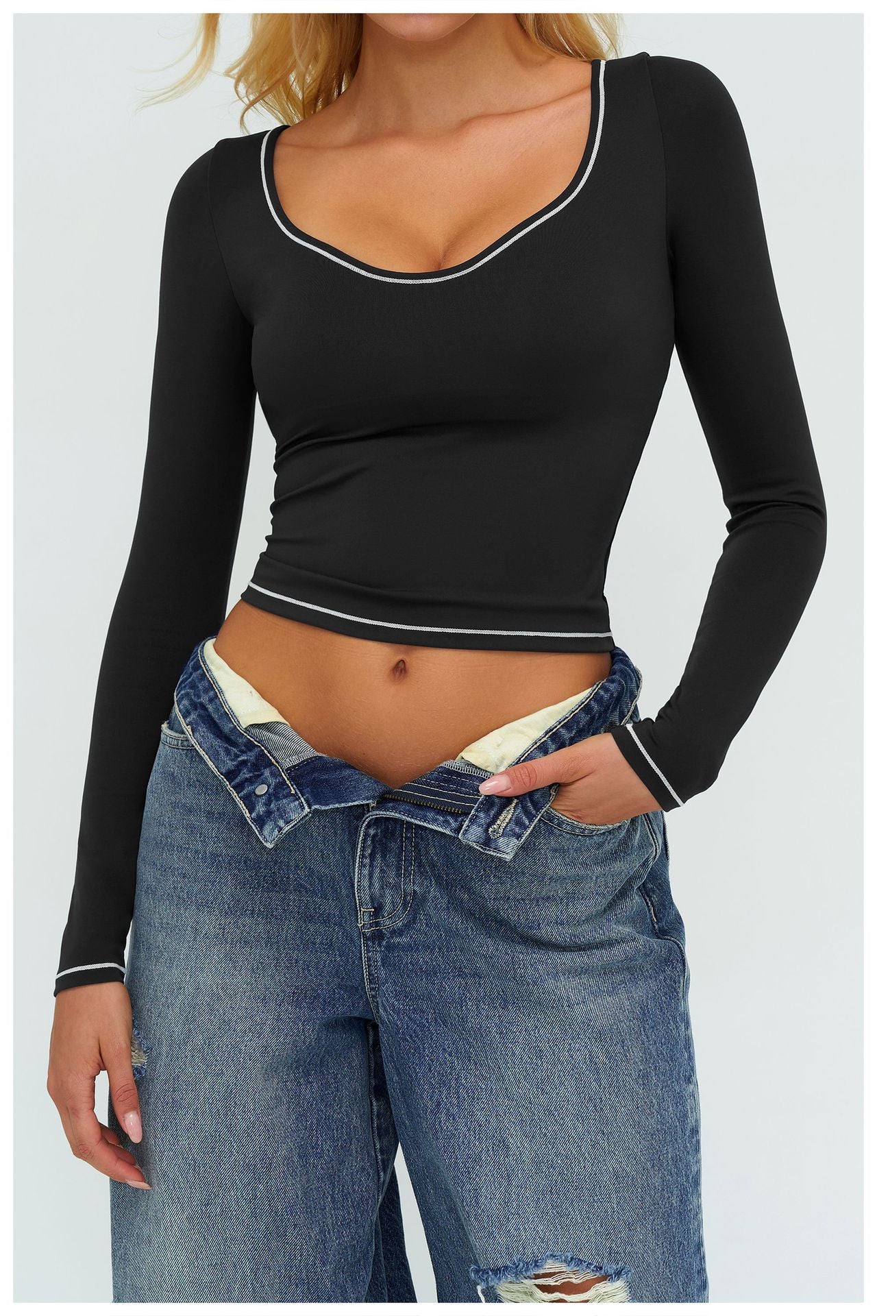 Autumn Winter Yoga Long Sleeve Contrast Color Brushed Slim Fit T shirt Outdoor Running Sport Long Sleeve Top