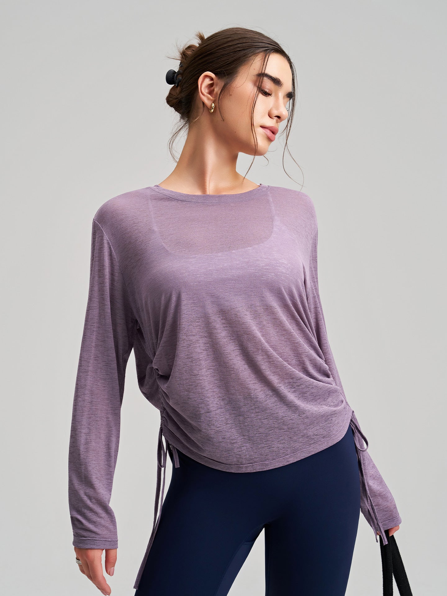 Outer Wear round Neck Yoga Blouse Long Sleeve Thigh Length Side Drawstring T shirt Loose Breathable Fitness Running Yoga Clothes