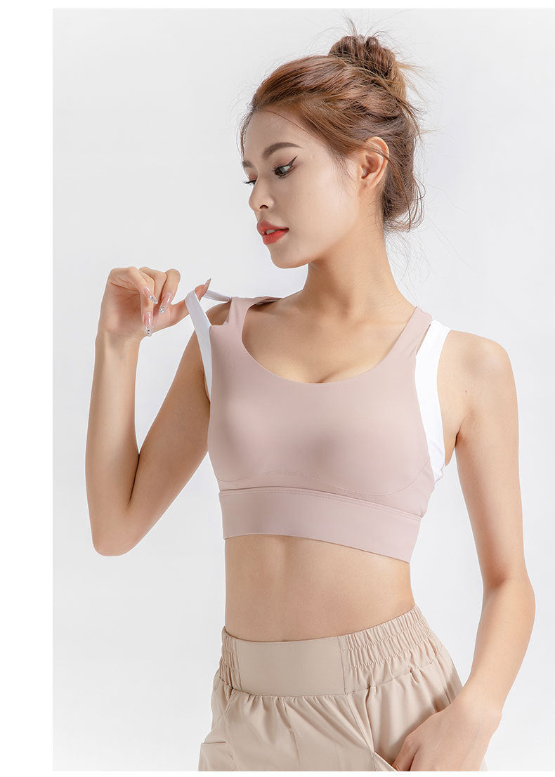 Contrast Color Sports Yoga Shockproof Faux Two Piece Bra Fixed Chest Pad H Shaped Beauty Back Underwear Women Workout Top