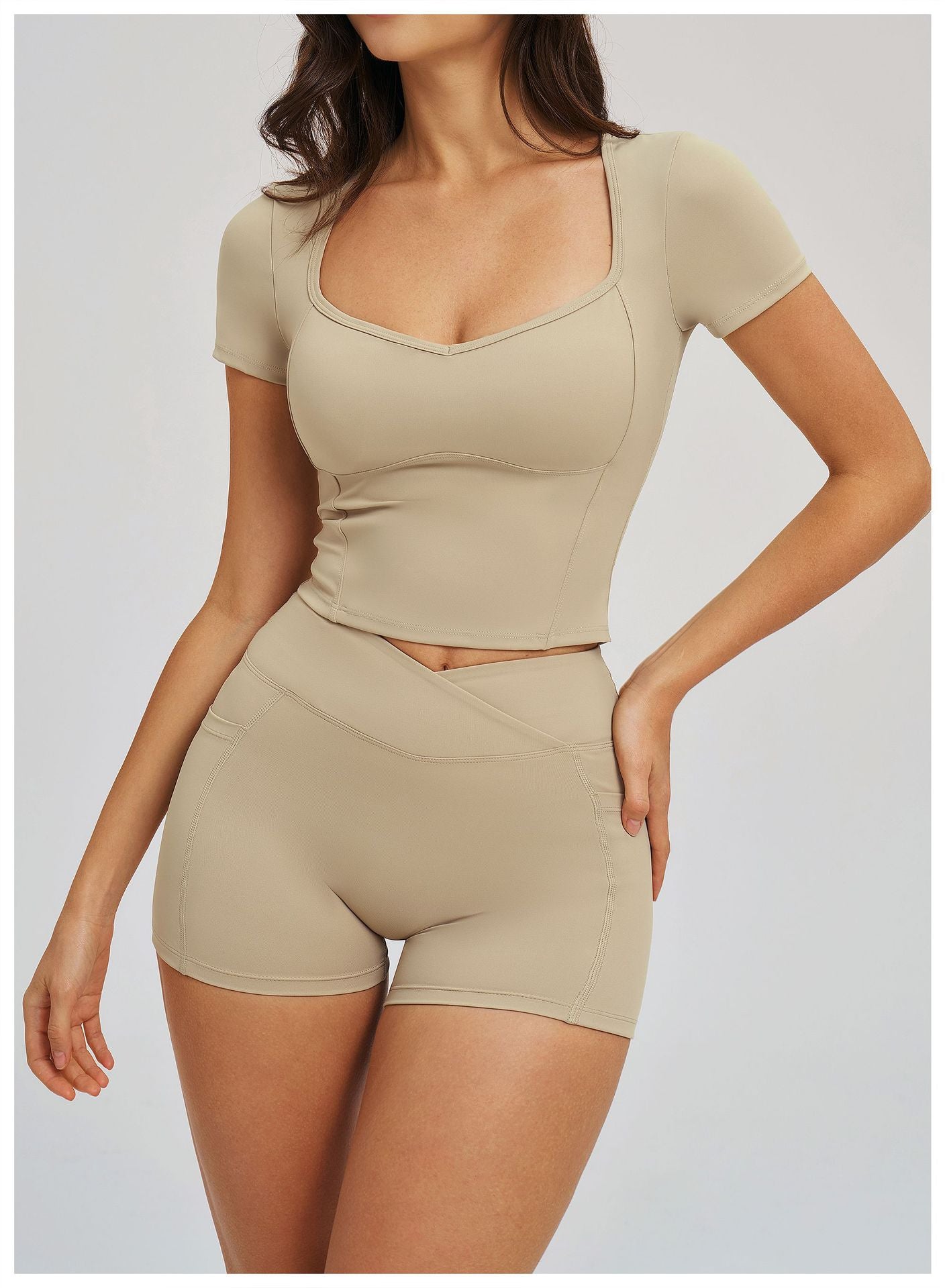 Nude Feel Yoga Short Sleeve Big Neckline Skinny Exercise Top Outdoor Running Fitness Short Sleeve Women