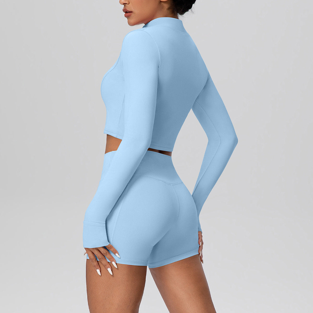 High Waist Nude Feel Thumb Hole Zip Long Sleeve Coat Pocket Shorts Yoga Clothes Fitness Hip Lifting Yoga Set