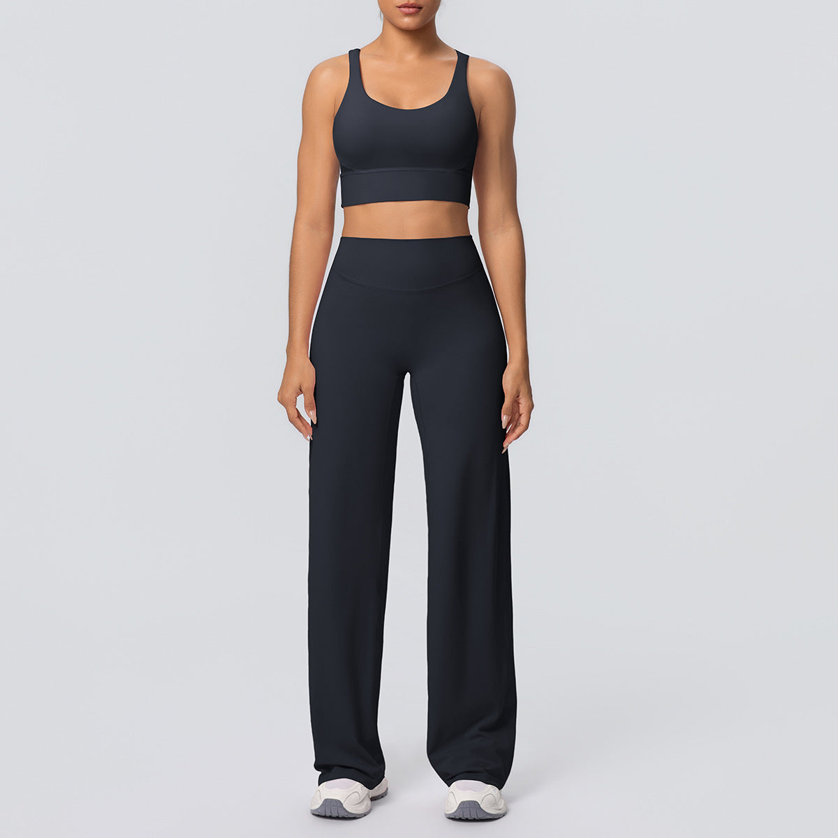 Sexy Cross Shoulder Strap Backless Bra Solid Color Baggy Straight Trousers Fitness Pants Yoga Set for Women