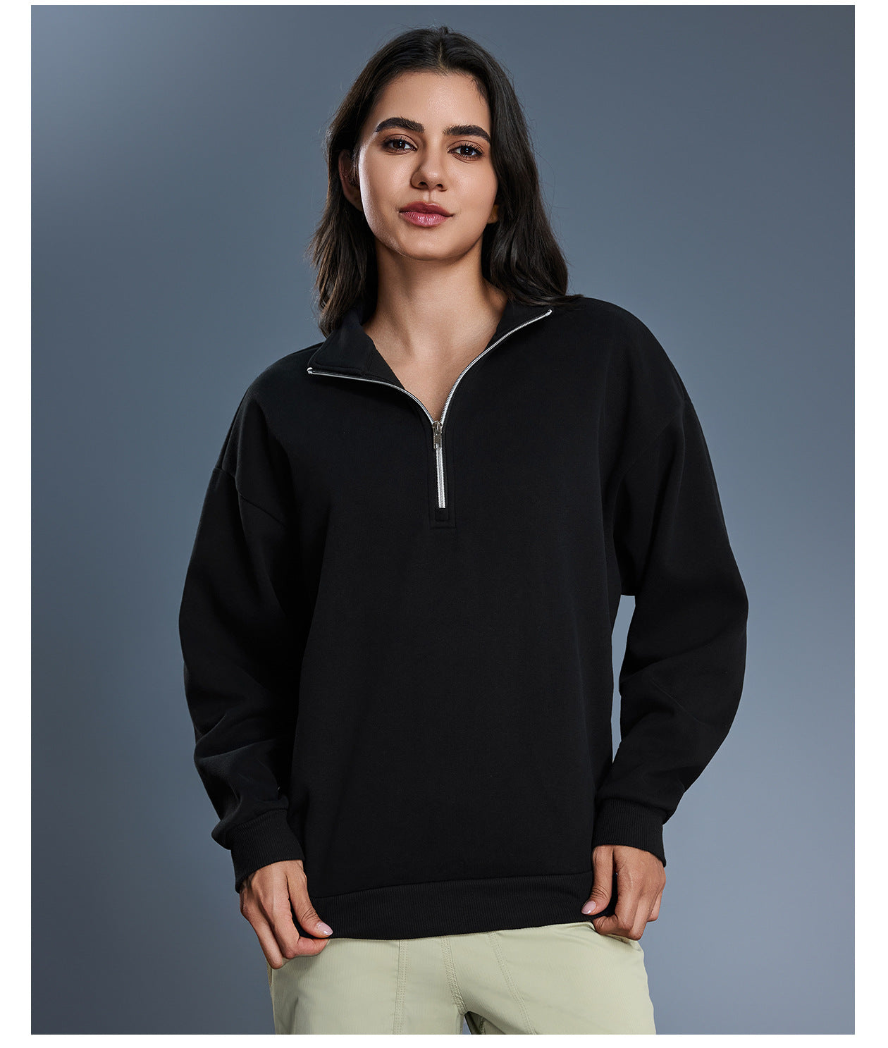 Autumn Winter Half Zipper Fleece Lined Thickening Stand Collar Sweater Women Casual Loose All Matching Warm Top