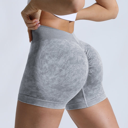 High Waist Peach Hip Lifting Running Fitness Women Shorts Tight Belly Trimming Body Shaping Cropped Outfit Waist Girdling Stone Washed Yoga Shorts