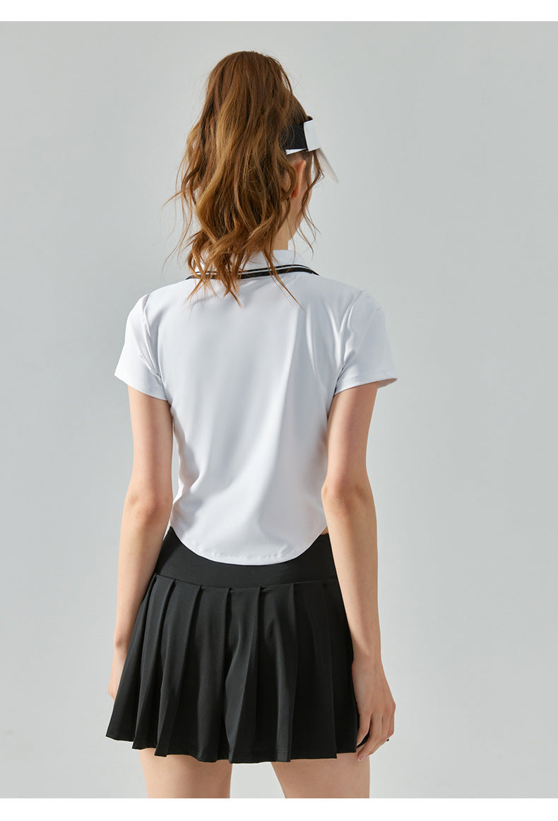 Half Zipper Collared Sports Short Sleeve Women Circular Lower Hem Loose Fitness Top Nude Feel Slim Fit Breathable Yoga Clothes Summer