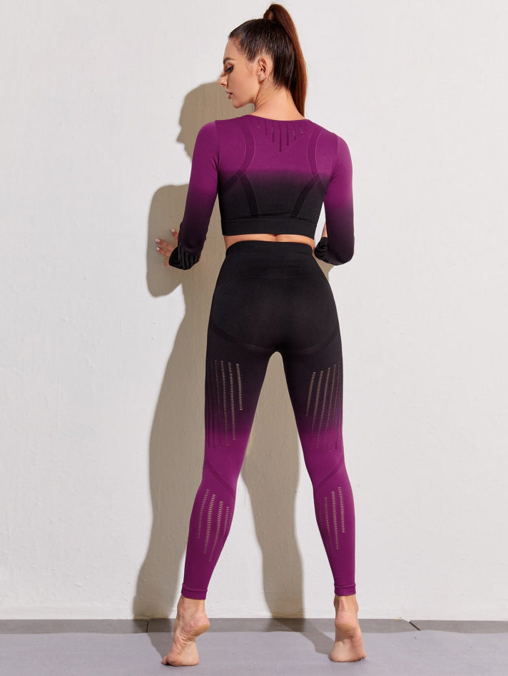 Spring Summer Gradient Exercise Yoga Clothes Quick-Drying Breathable Fitness Running Long Sleeve Trousers Two Piece Set