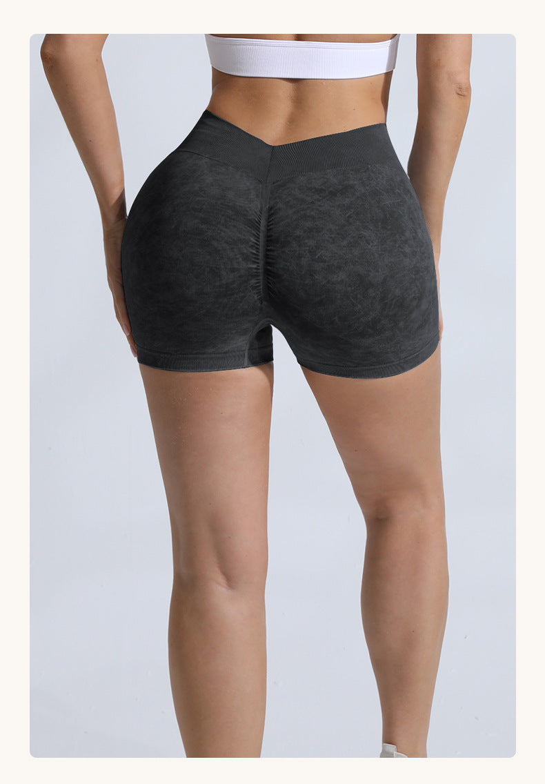 High Waist Peach Hip Lifting Running Fitness Women Shorts Tight Belly Trimming Body Shaping Cropped Outfit Waist Girdling Stone Washed Yoga Shorts