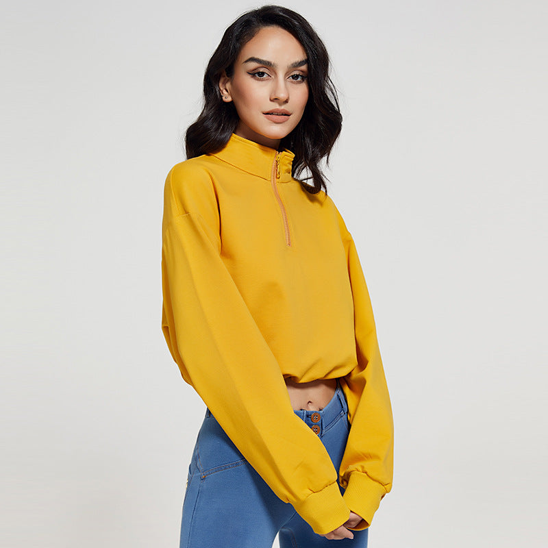 Autumn Long Collar Fitness Sports Sweater Women Loose Zip Drawstring Long Sleeve Yoga Wear Top T shirt