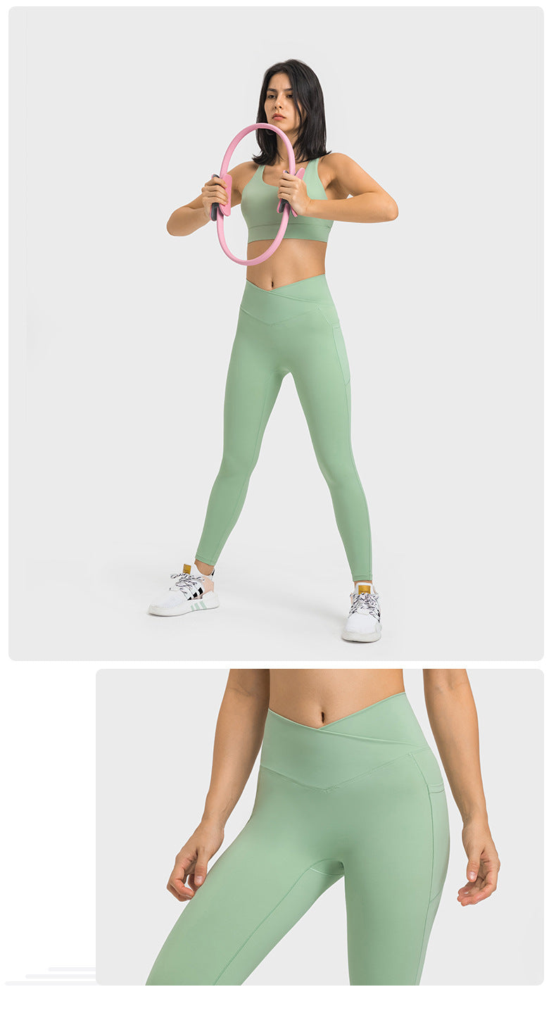 Criss Cross Waist Sports Tights Women Double-Side Pocket without T-Line High Elastic Hip Lifting Cropped Yoga Pants