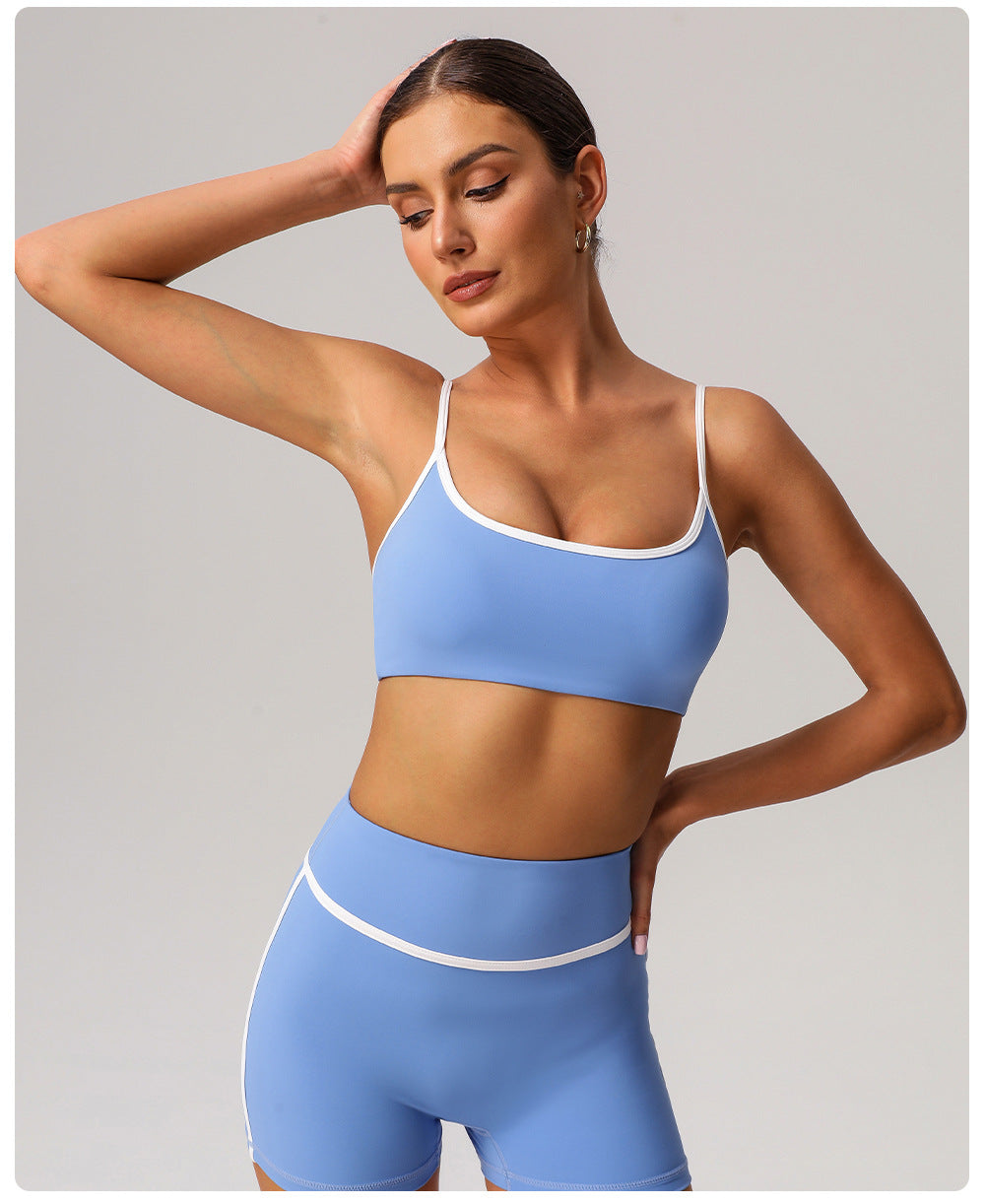 Contrast Color Thin Belt Sports Underwear Gather Shockproof Yoga Bra with Pad Outdoor Running Fitness Clothes