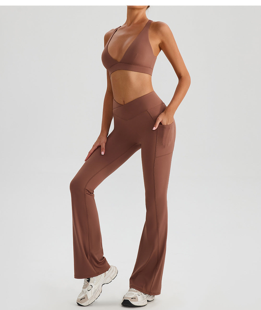 Deep V Plunge Outer Wear Nude Feel Running Sports Bra Cross Back Shaping Shockproof Push up Yoga Clothes Underwear for Women