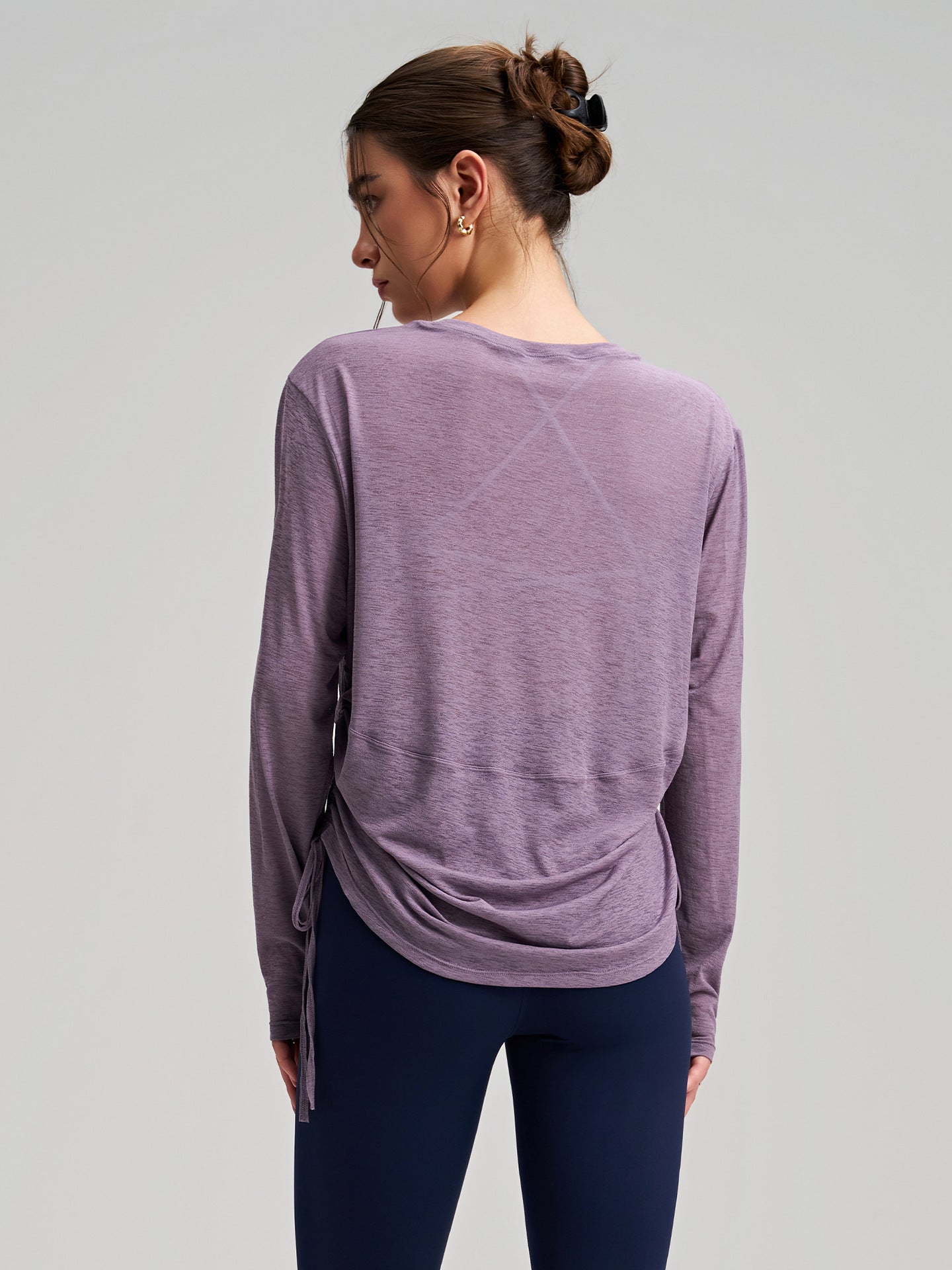 Outer Wear round Neck Yoga Blouse Long Sleeve Thigh Length Side Drawstring T shirt Loose Breathable Fitness Running Yoga Clothes