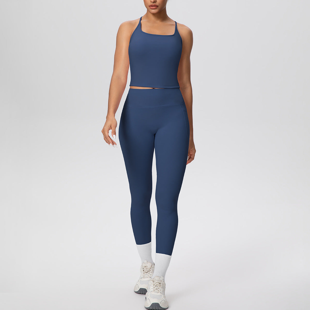 Solid Color Skin Friendly H Shaped Beauty Back Sports Vest Pocket Yoga Pants Leggings Fitness Yoga Wear Set for Women