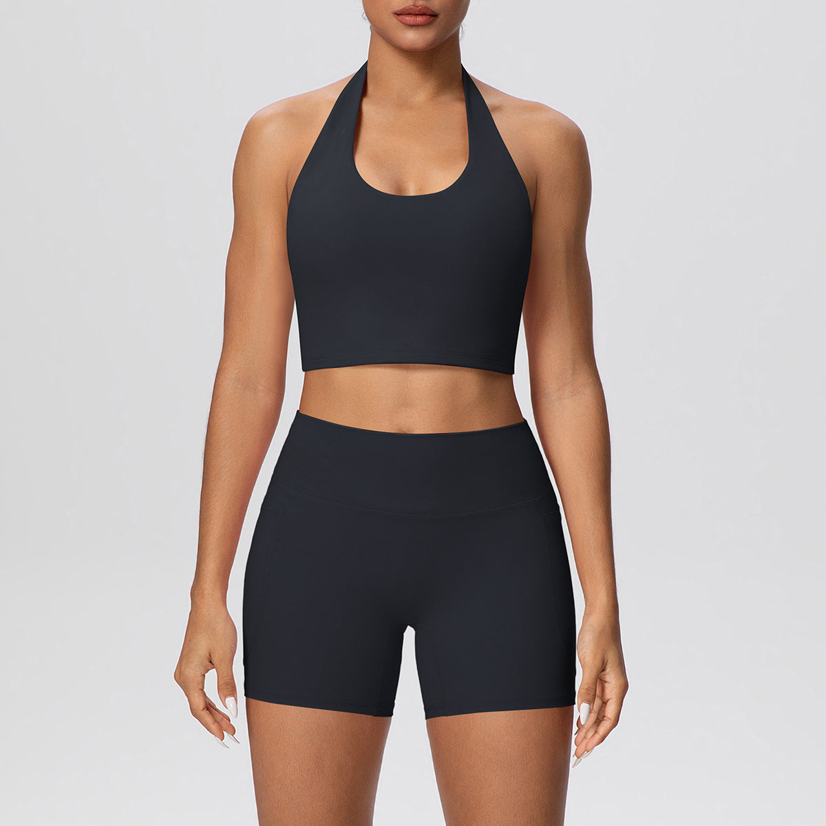 Solid Color Halter Beauty Back Exercise Bra Gathering Vest Pocket Sports Shorts Fitness Pants Yoga Set
